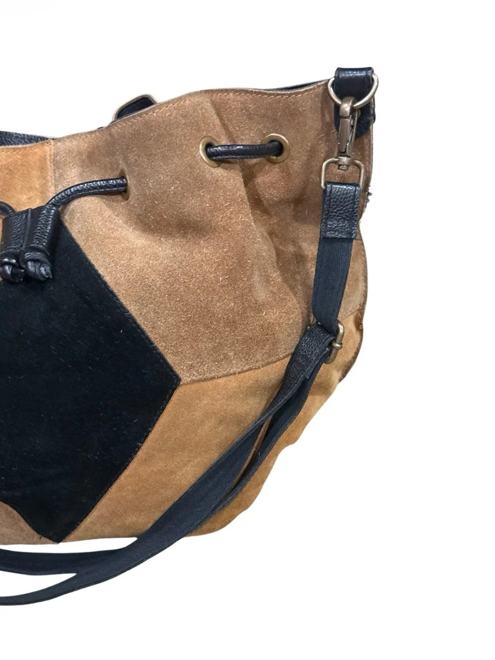 Free People Suede Patchwork Drawstring Hobo Bag Tan Black Boho